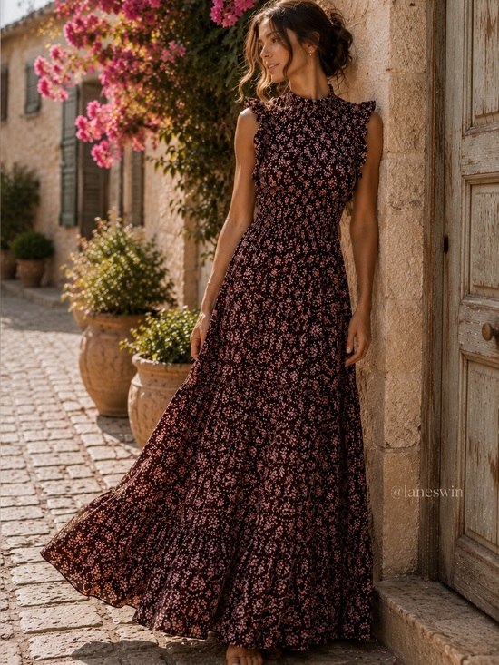 Caroline Constas Dresses & Skirts - Caroline Constas Floral Ruffle Smocked Maxi Dress Brown Pink NWT